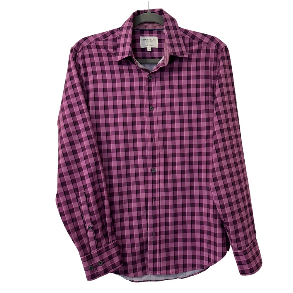 Con.struct Men's Slim Fit Performance‎ Purple Check Stretch Dress Shirt Size S